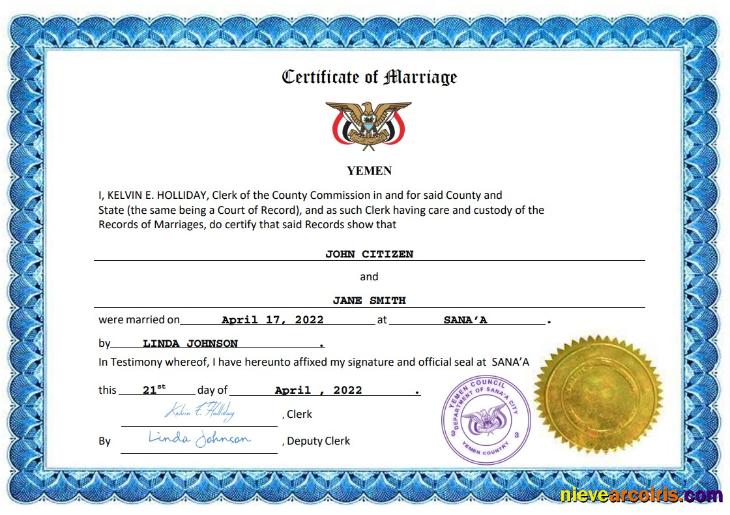 Yemen marriage certificate